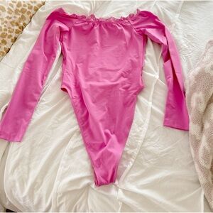 Bright pink long sleeve stretchy bodysuit off the shoulder top
size small
